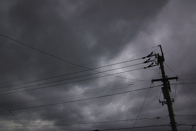 写真：明暗染め分ける空を横切る電線たち