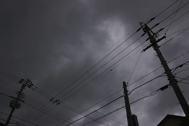 写真：曇り空に電柱3本電線交差